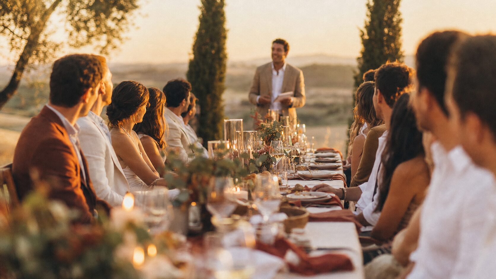 Une longue tablée de fête au coucher du soleil, un invité debout qui lit un discours