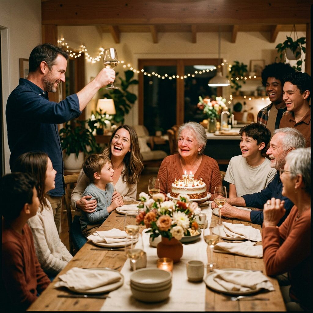 Un repas de famille multigénérationnel, toast et gâteau d'anniversaire