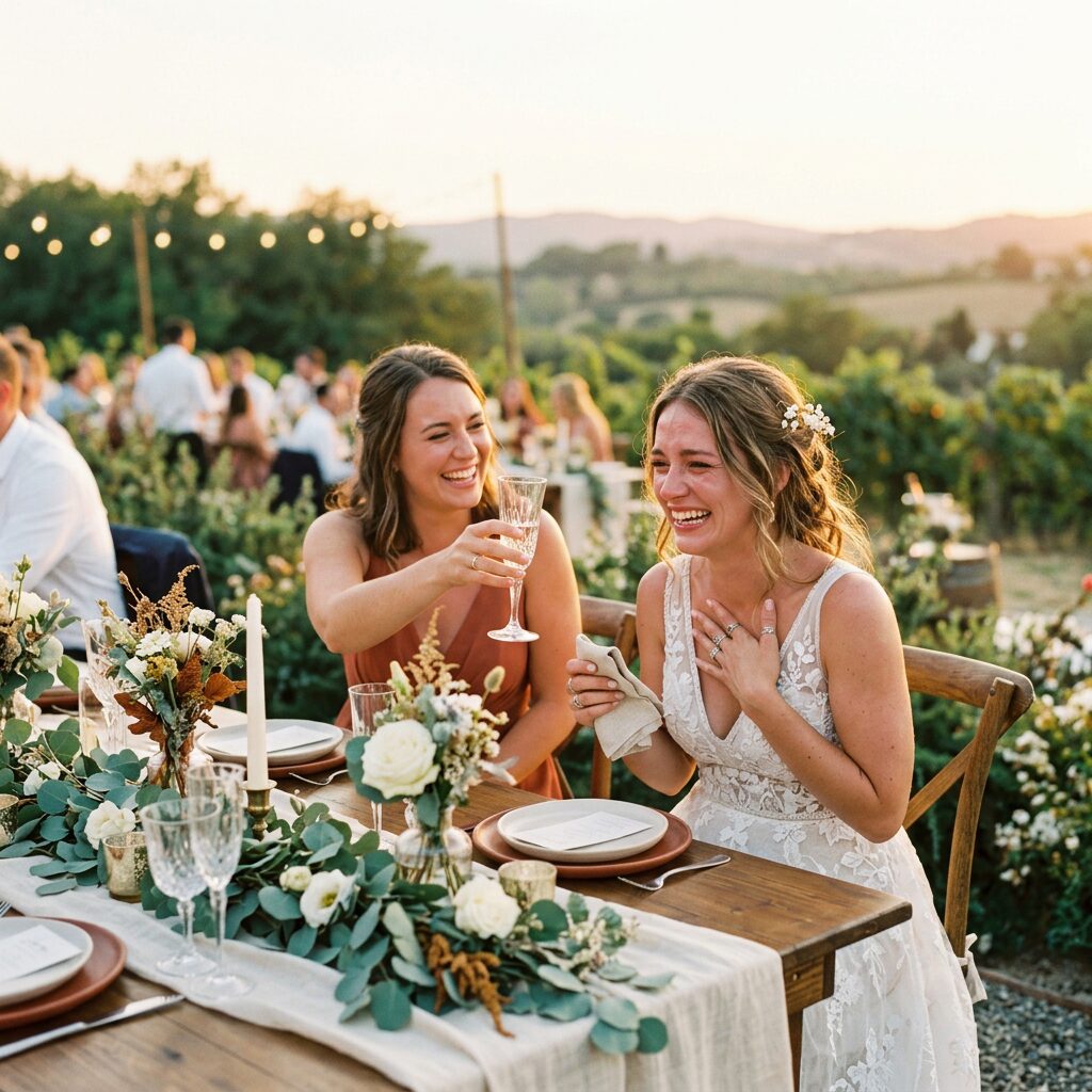 Une mariée émue rit aux larmes pendant qu'une amie porte un toast