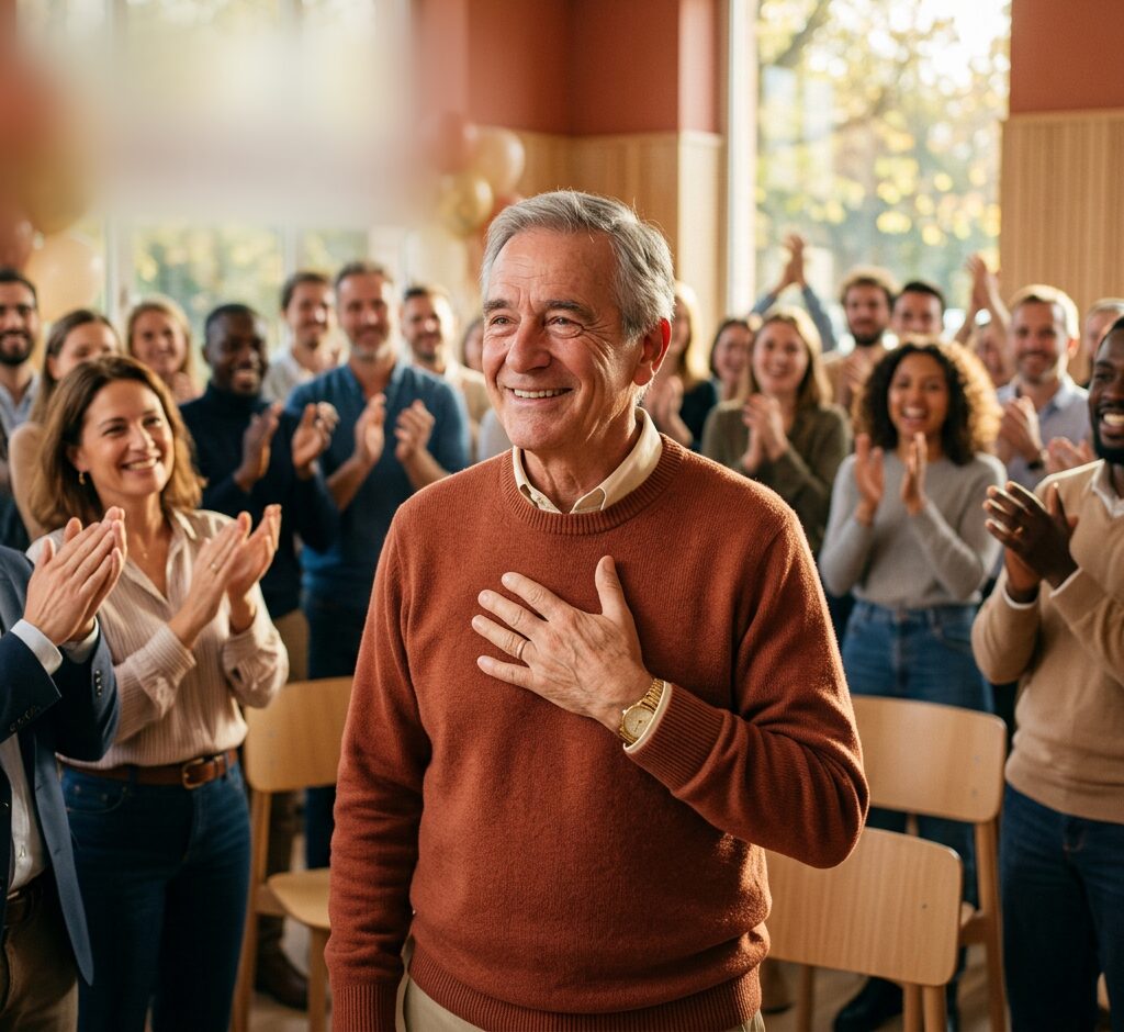 Un homme ému, la main sur le cœur, applaudi par ses collègues lors de son pot de départ